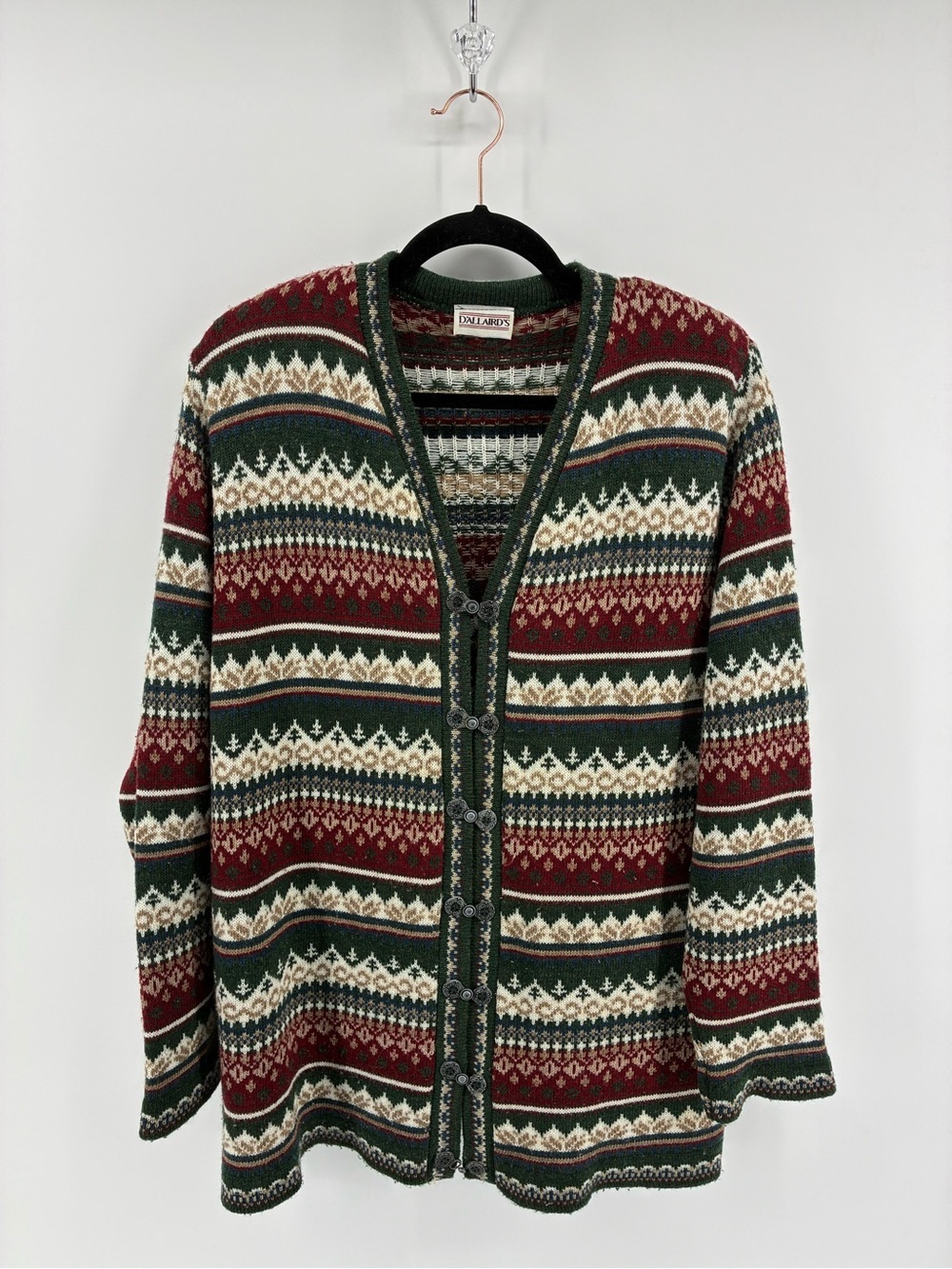 Vintage Wool Blend Fair Isle Cardigan Sweater Ornate Metal Clasp Buttons